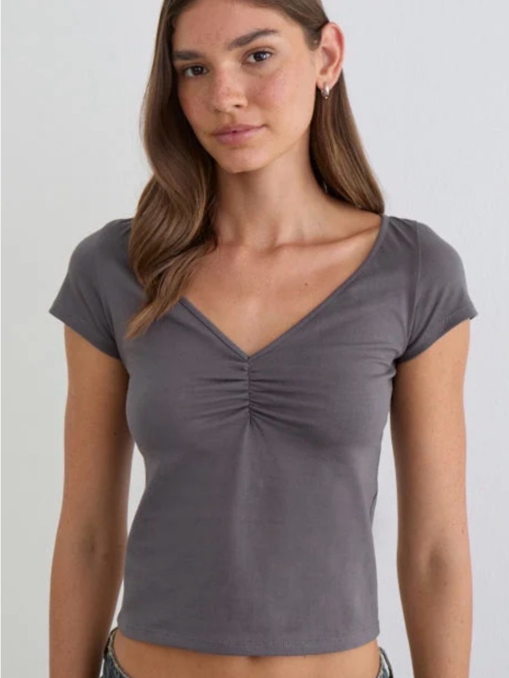 Motel Rocks Obanai Short Sleeve V Neck Top In Charcoal Grey